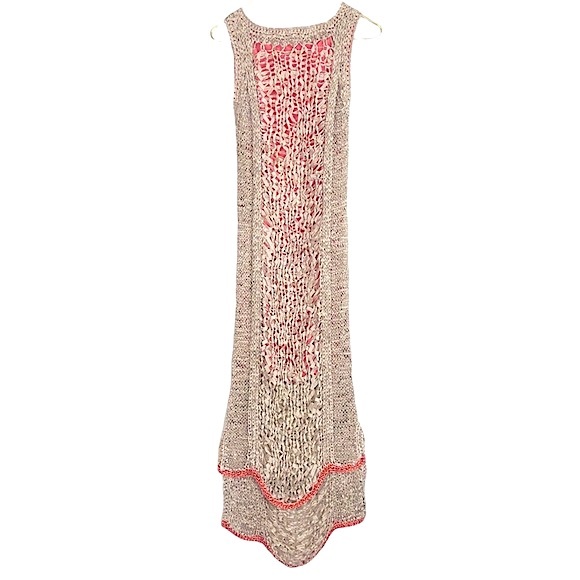 RACHEL ROY Taupe Open Knit Crochet Midi Tank Dress w/ Coral & Metallic Copper - Picture 2 of 8